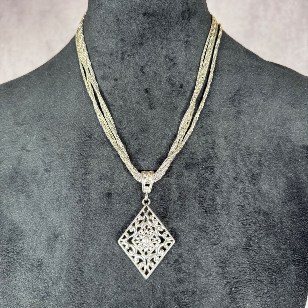 Vtg 90s Napier Silver Tone Multi Strand Chain Necklace‎ Openwork Diamond Pendant